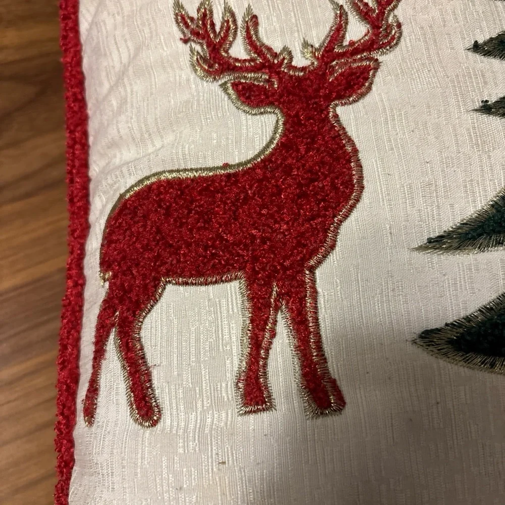 Secret Celebrity Christmas Cream Throw Pillow Red Deer Green Tree 14x14